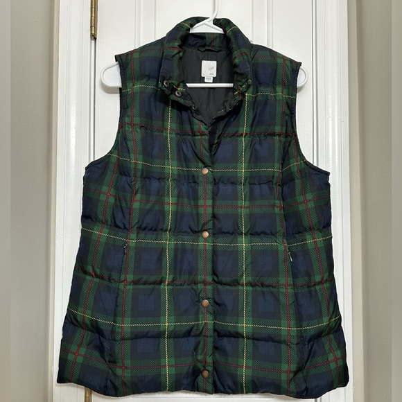 J. Jill Women’s Vest Medium Puffer Green Tartan Plaid Down Snap Up Insulated - Picture 1 of 6